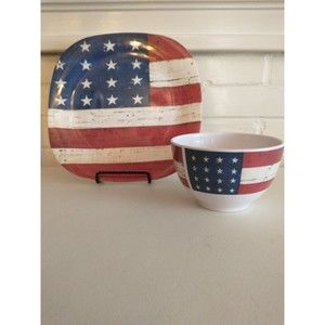 Patriotic Square Plate And Bowl 4th of July American Flag